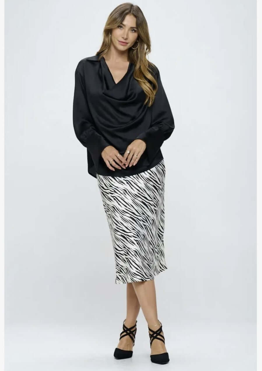Made in USA | Renee C Style# 4586TP | Ladies Long Sleeve Ladies Dressy Satin Cowl Neck Top with Split Cuffs in Black | Classy Cozy Cool Women's Made in America Clothing Boutique