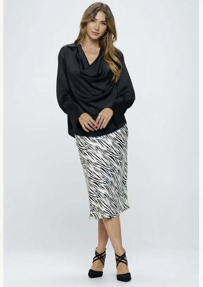 Made in USA | Renee C Style# 4586TP | Ladies Long Sleeve Ladies Dressy Satin Cowl Neck Top with Split Cuffs in Black | Classy Cozy Cool Women's Made in America Clothing Boutique
