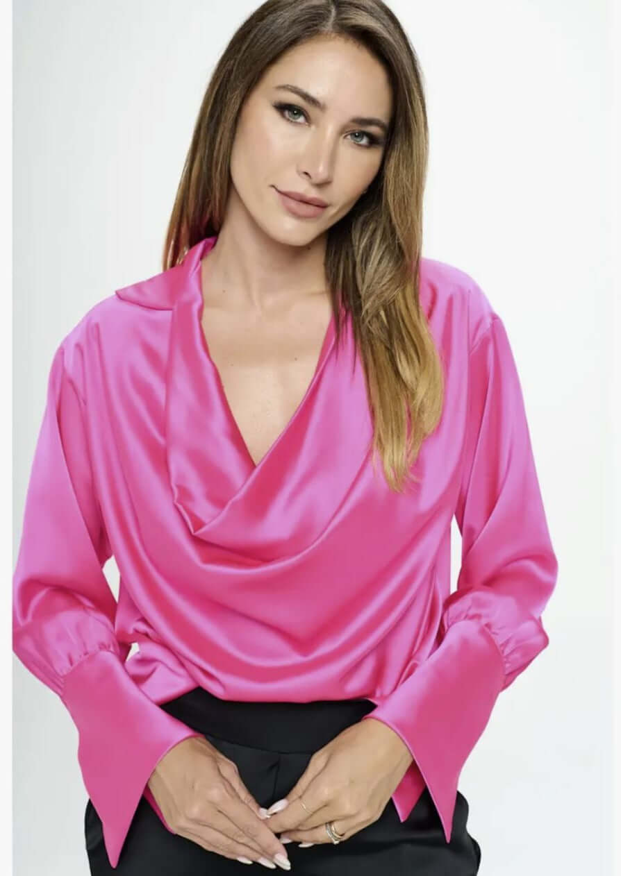 USA Made Ladies Dressy Satin Cowl Neck Top with Split Cuffs