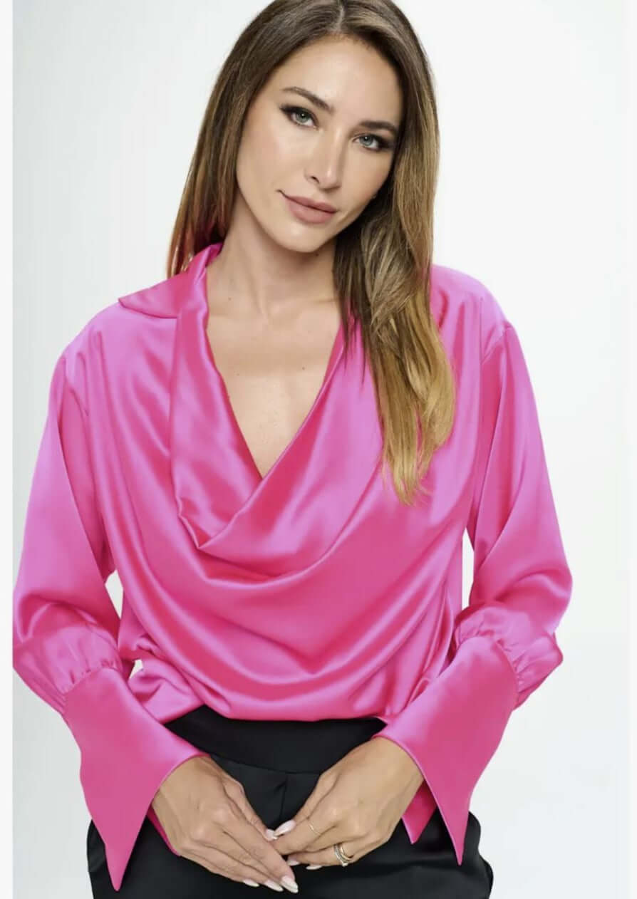 Made in USA | Renee C Style# 4586TP | Ladies Long Sleeve Ladies Dressy Satin Cowl Neck Top with Split Cuffs in Fuchsia | Classy Cozy Cool Women's Made in America Clothing Boutique