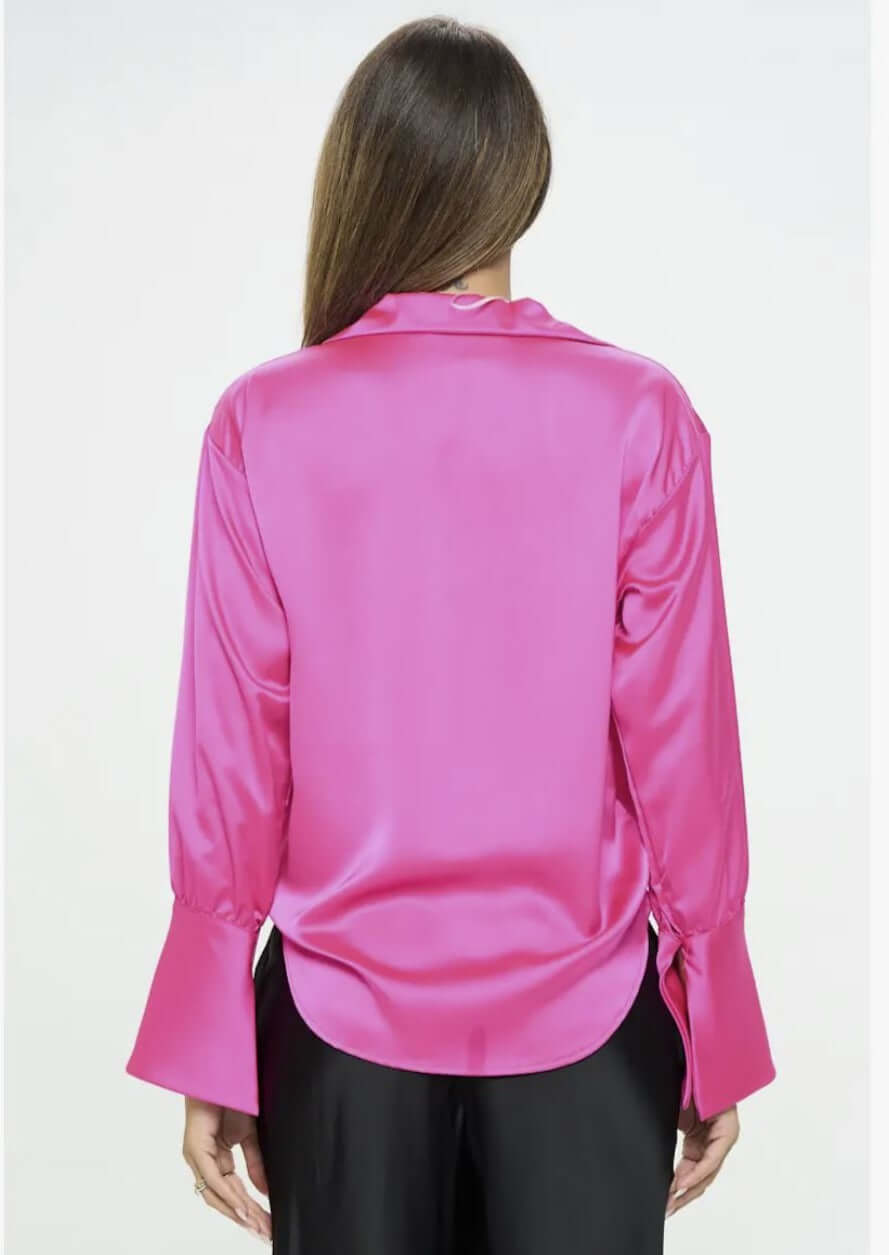 Made in USA | Renee C Style# 4586TP | Ladies Long Sleeve Ladies Dressy Satin Cowl Neck Top with Split Cuffs in Fuchsia | Classy Cozy Cool Women's Made in America Clothing Boutique