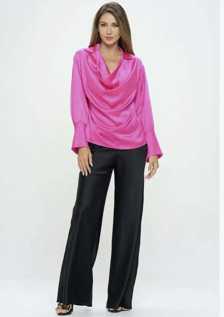 Made in USA | Renee C Style# 4586TP | Ladies Long Sleeve Ladies Dressy Satin Cowl Neck Top with Split Cuffs in Fuchsia | Classy Cozy Cool Women's Made in America Clothing Boutique