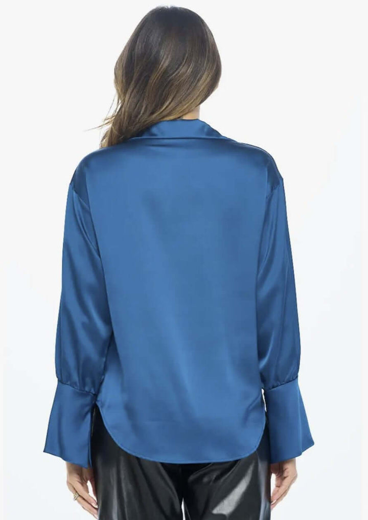 Made in USA | Renee C Style# 4586TP | Ladies Long Sleeve Ladies Dressy Satin Cowl Neck Top with Split Cuffs in Teal | Classy Cozy Cool Women's Made in America Clothing Boutique
