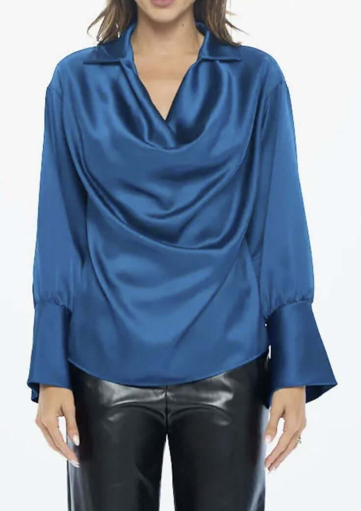 Made in USA | Renee C Style# 4586TP | Ladies Long Sleeve Ladies Dressy Satin Cowl Neck Top with Split Cuffs in Teal | Classy Cozy Cool Women's Made in America Clothing Boutique