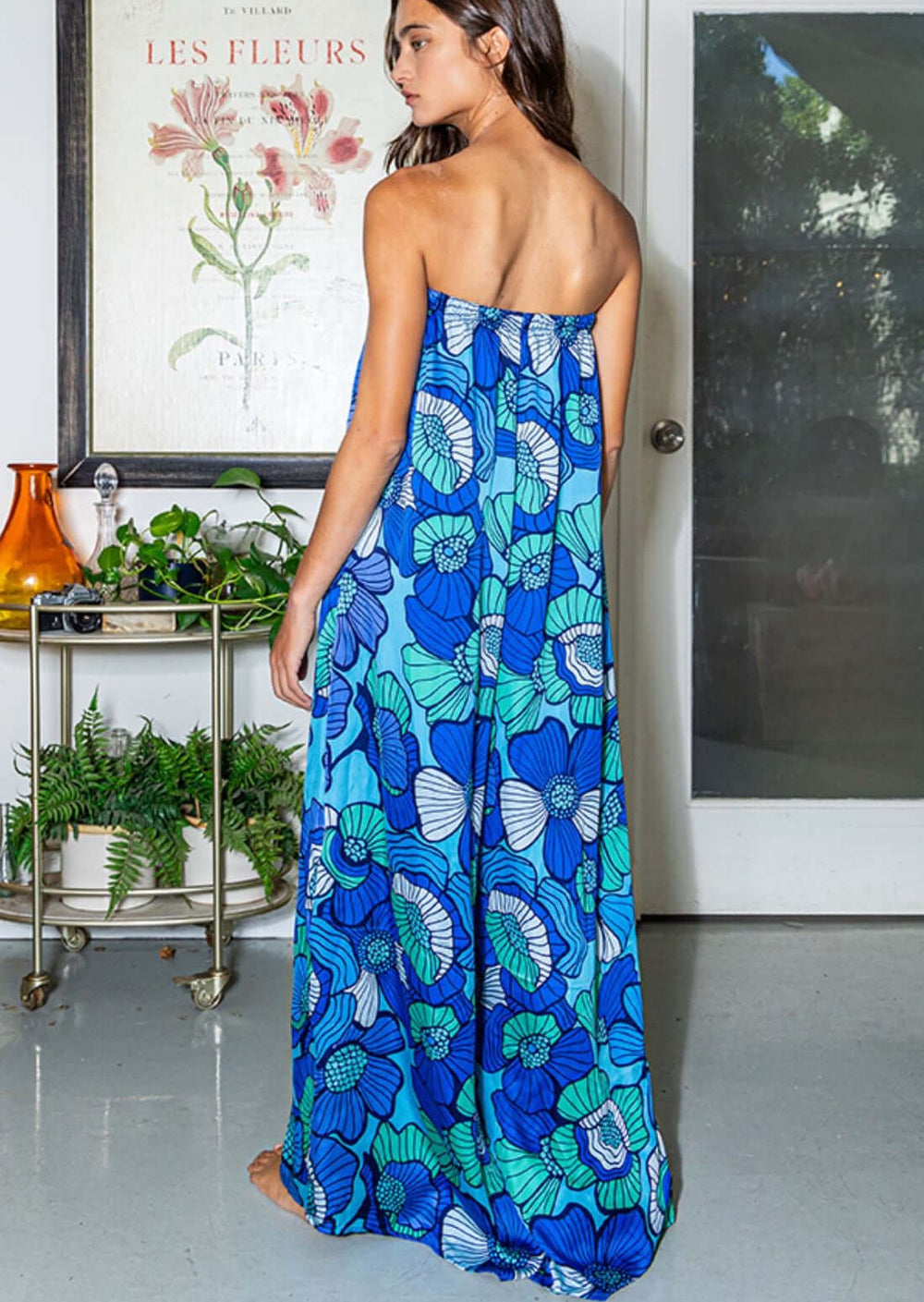 Bucket List Clothing Style R5307 | Ladies Strapless Flowy Blue & Aqua Floral Jumpsuit with Inverted Front Pleating and Side Pockets | Made in USA