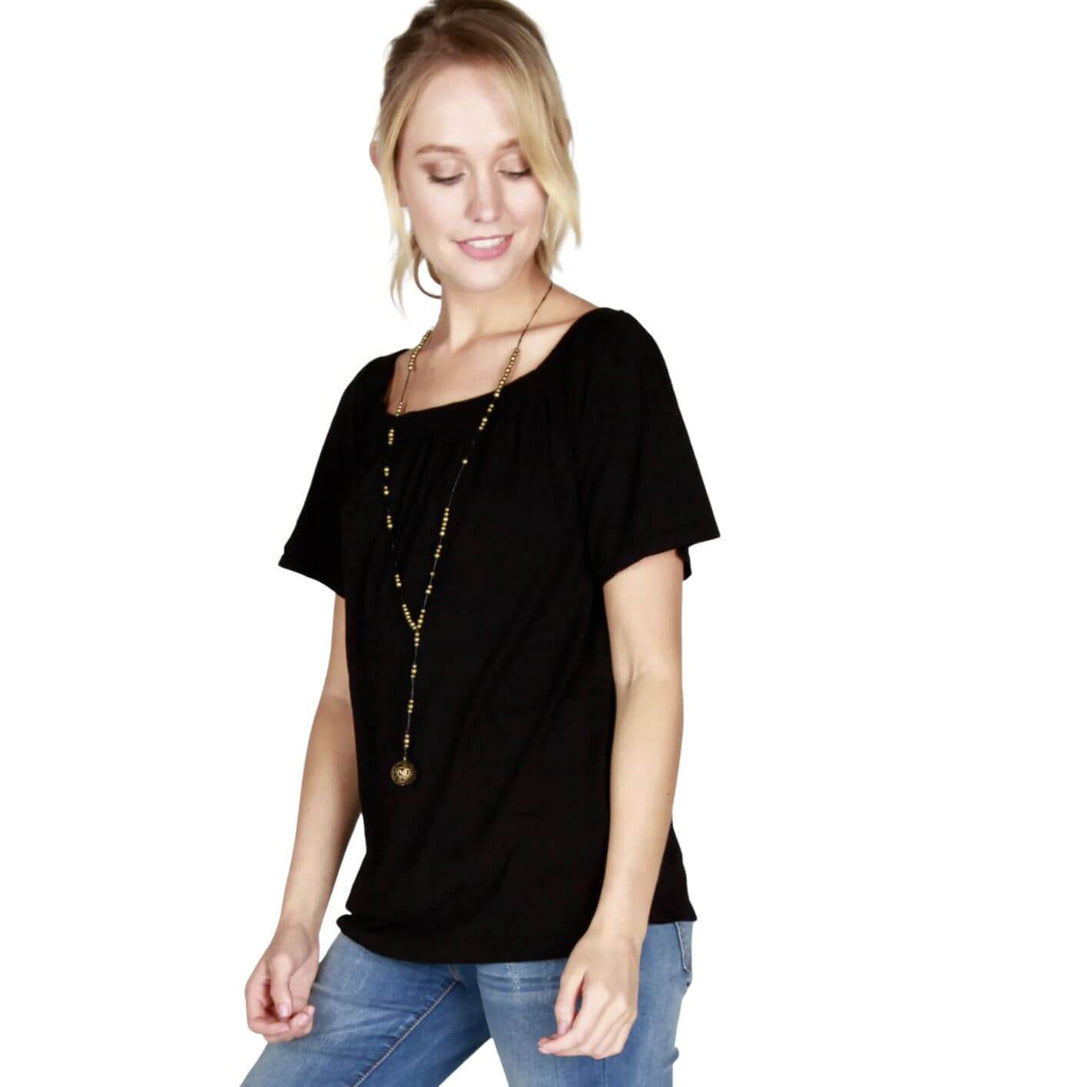 Made in USA Ladies Convertible Off the Shoulder or Square Neck Flowy Top in Black | Classy Cozy Cool Women's Made in America Clothing Boutique