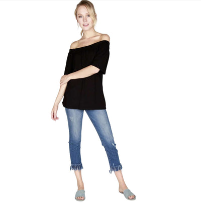 Made in USA Ladies Convertible Off the Shoulder or Square Neck Flowy Top in Black | Classy Cozy Cool Women's Made in America Clothing Boutique