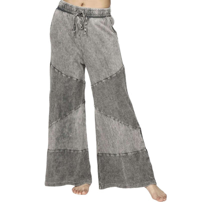 M. Rena Style# S4938 Ladies Luxury Cotton Wide Leg Terry Lounge Pants with Contrast Panels in Charcoal Gray | Made in USA | Women's Clothing Made in America