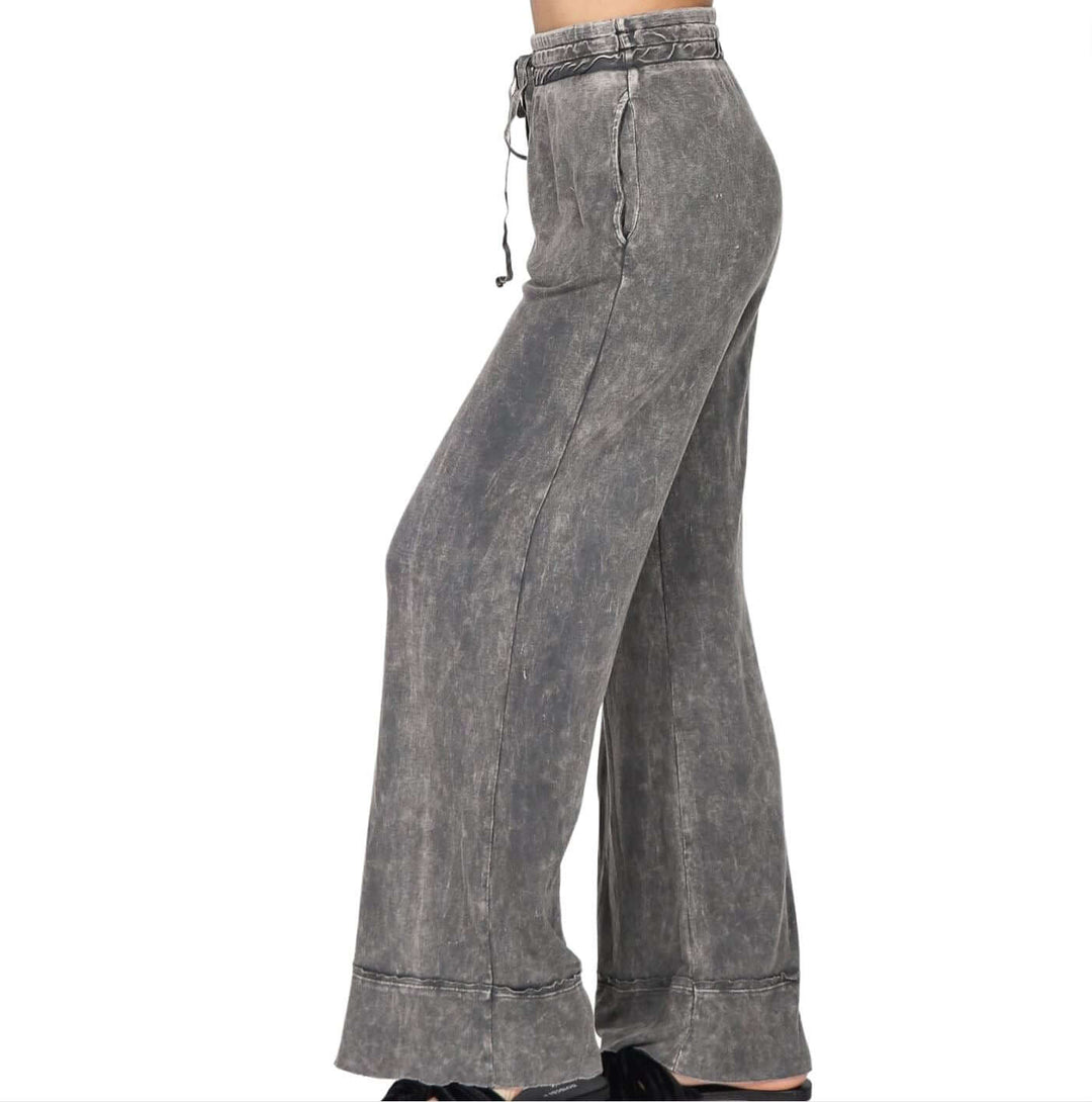 USA Made M. Rena Style# S4870 Ladies Mineral Washed Wide Leg Flare Bottom Raw Edge Pants | Cotton & Modal Soft Fabric | Clothing Made in America | Color: Charcoal Gray