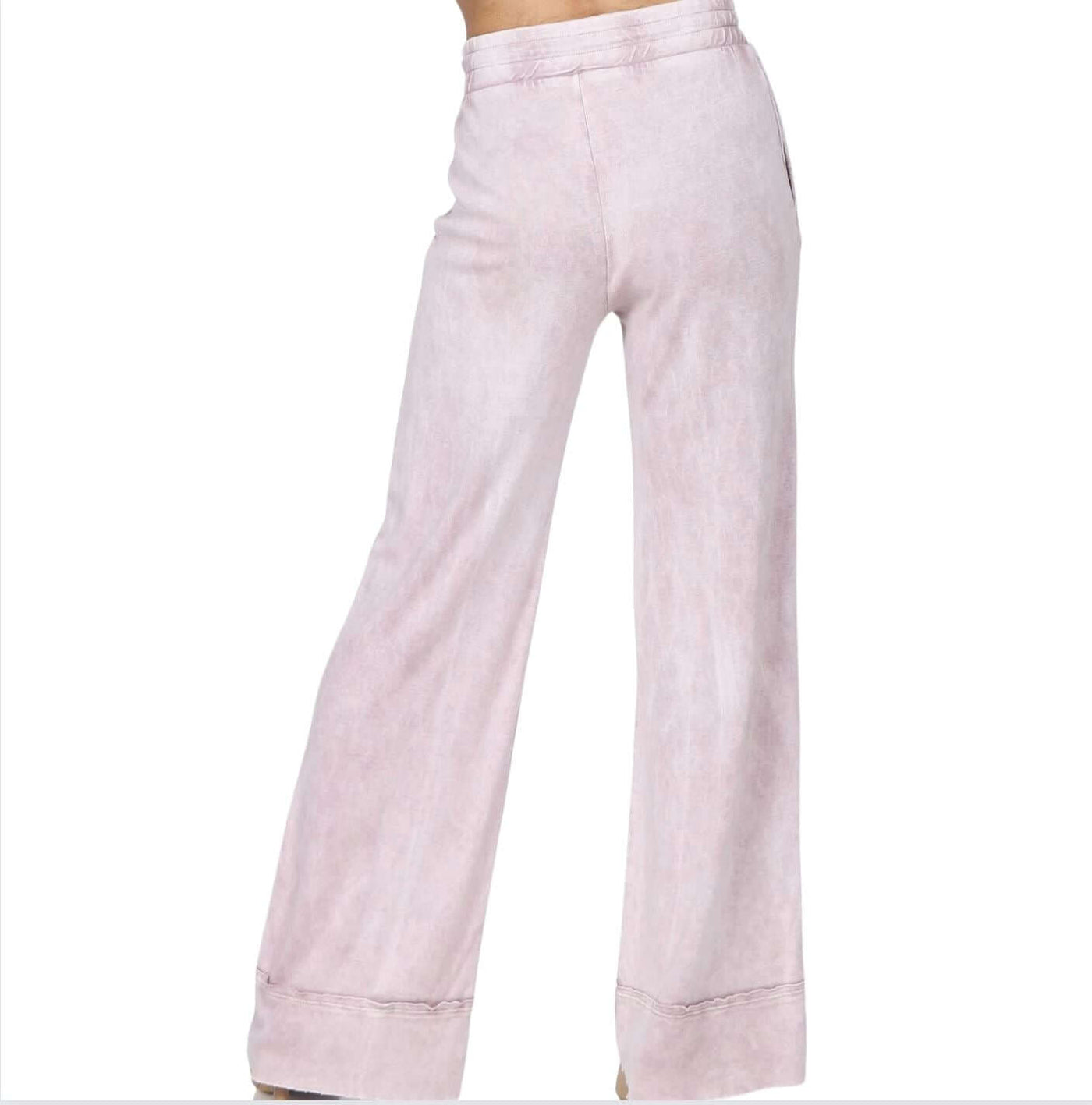 USA Made M. Rena Style# S4870 Ladies Mineral Washed Wide Leg Flare Bottom Raw Edge Loungewear Pants | Cotton & Modal Soft Fabric | Clothing Made in America | Color: Misty Mauve