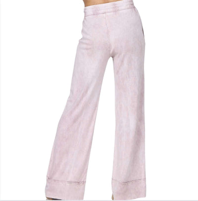 USA Made M. Rena Style# S4870 Ladies Mineral Washed Wide Leg Flare Bottom Raw Edge Loungewear Pants | Cotton & Modal Soft Fabric | Clothing Made in America | Color: Misty Mauve