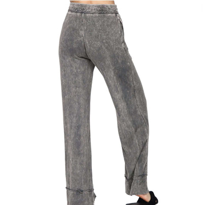 USA Made M. Rena Style# S4870 Ladies Mineral Washed Wide Leg Flare Bottom Raw Edge Pants | Cotton & Modal Soft Fabric | Clothing Made in America | Color: Charcoal Gray