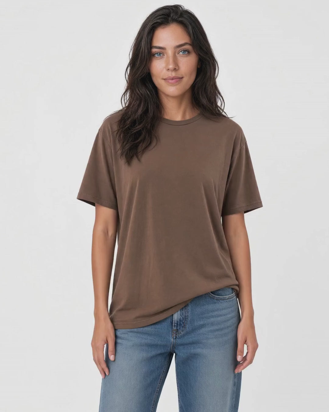 Made in USA The Boyfriend Cotton Washed T-Shirt - Java: video of the brown pigment dyed tee worn by a female model