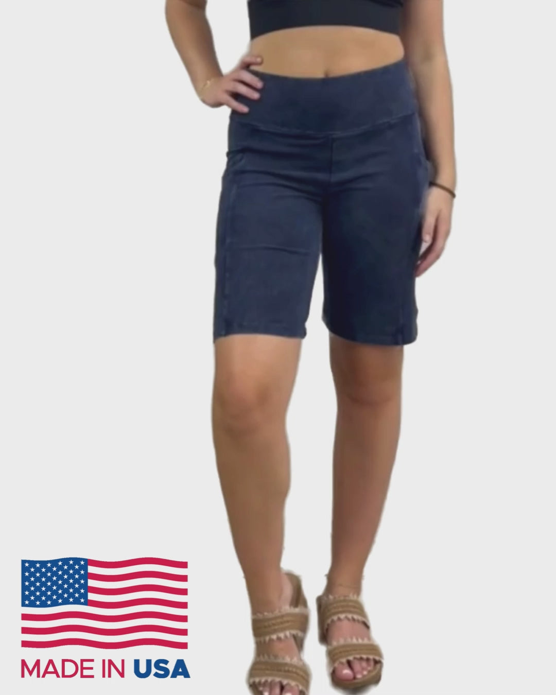 Made in USA Women's Perfect Fit Premium Tummy Control, Fitted  Walking Shorts, Large Side Pockets, Wide Waistband, Long Length in Dark Blue Denim | 95% Cotton 5% Spandex | Style C30731 | Classy Cozy Cool Made in America Clothing