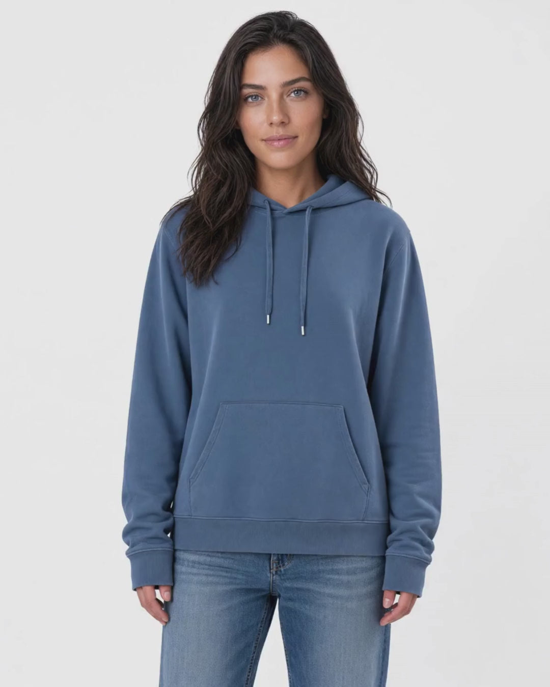 Made in USA The Boyfriend Cotton Washed Hoodie - Blue Steel: video of the deep blue pigment dyed hoodie worn by a female model