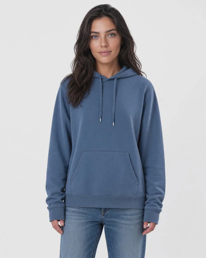 Made in USA The Boyfriend Cotton Washed Hoodie - Blue Steel: video of the deep blue pigment dyed hoodie worn by a female model