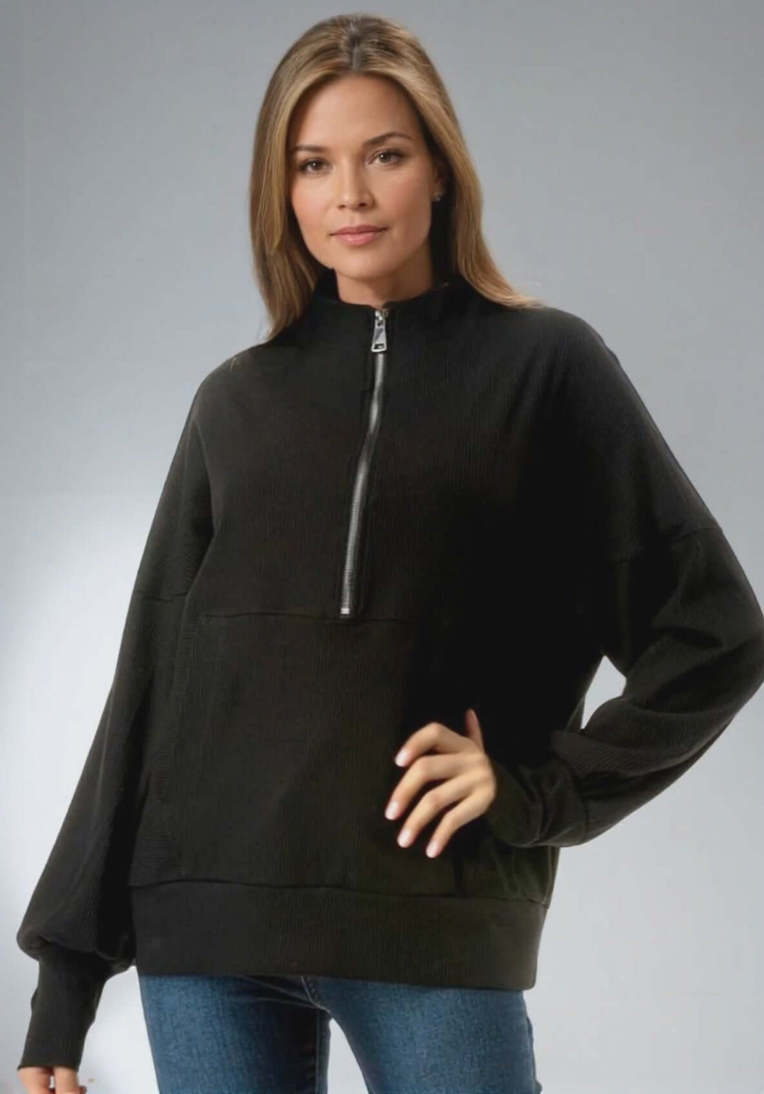 Made in USA Women's Lexi Ultimate Ribbed Thicker Quarter Zip Pullover in Black, Relaxed Fit, Stylish | Classy Cozy Cool Made in America Boutique