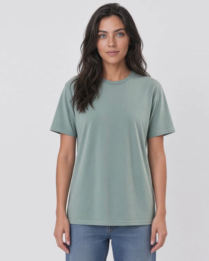 Made in USA The Boyfriend Cotton Washed T-Shirt - Fern: video of the sage green pigment dyed tee worn by a female model
