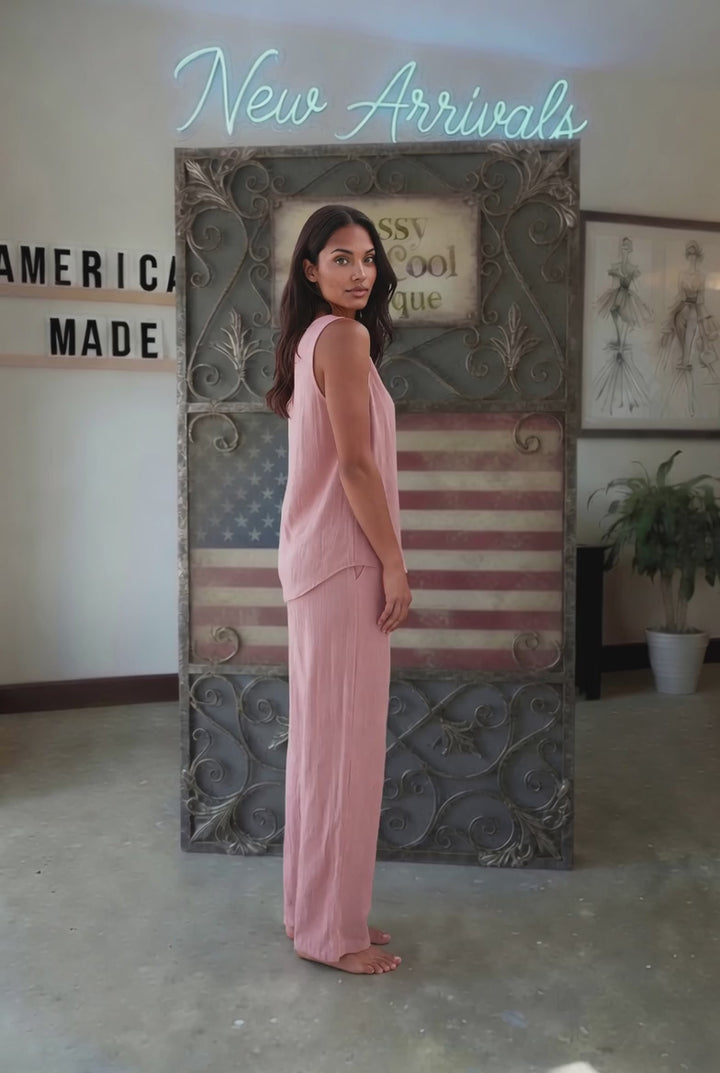 Shop the Paige Palazzo Set in dusty rose. Sleeveless top &amp; wide-leg pants in a soft linen-rayon blend. S–XL. Hand wash. Made in USA. Free shipping may apply.