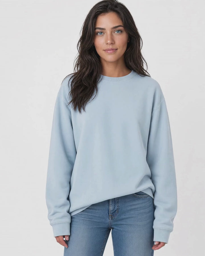 Made in USA The Boyfriend Cotton Washed Sweatshirt - Bluestone: video of the soft light blue pigment dyed sweatshirt worn by a female model