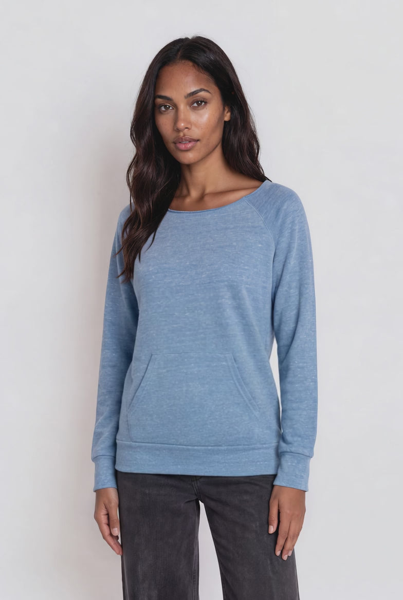Made in USA women's blue tri-blend fleece raglan sweatshirt with raw edge neckline and pouch pocket, close-up front view