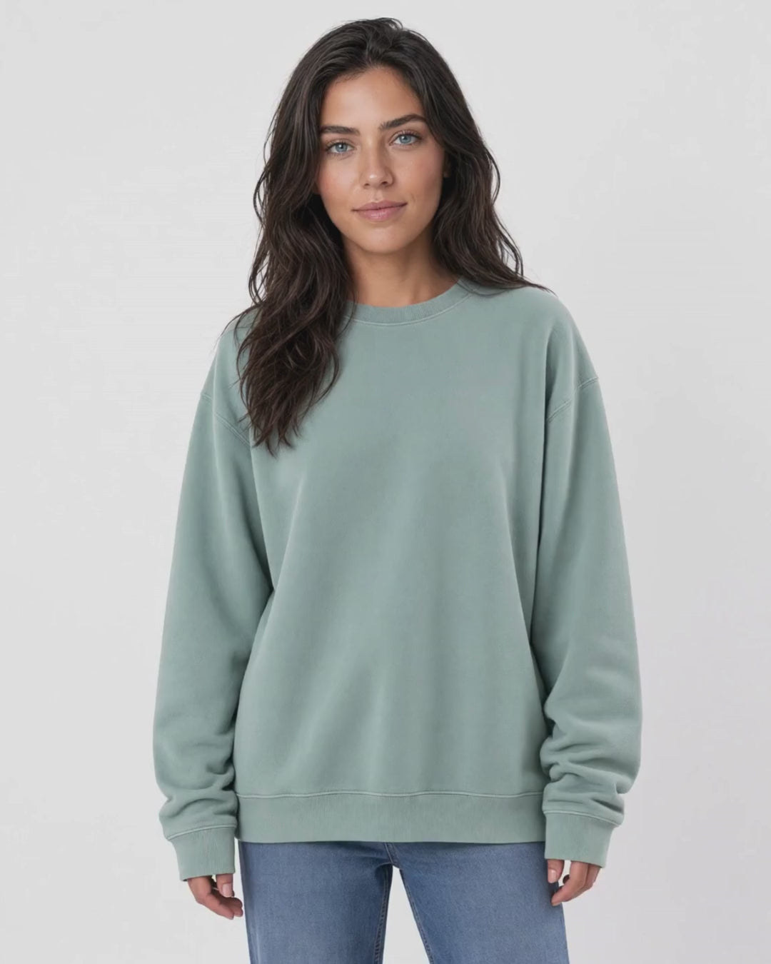 Made in USA The Boyfriend Cotton Washed Sweatshirt - Fern: video of the soft sage green pigment dyed sweatshirt worn by a female model
