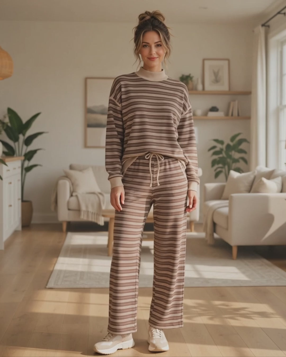 Model wearing the Striking Stripes brown and taupe striped mock neck top with matching ankle length drawstring pants in a living room, Made in USA