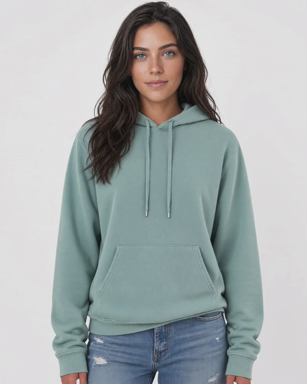 Made in USA The Boyfriend Cotton Washed Hoodie - Fern: video of the soft sage green pigment dyed hoodie worn by a female model
