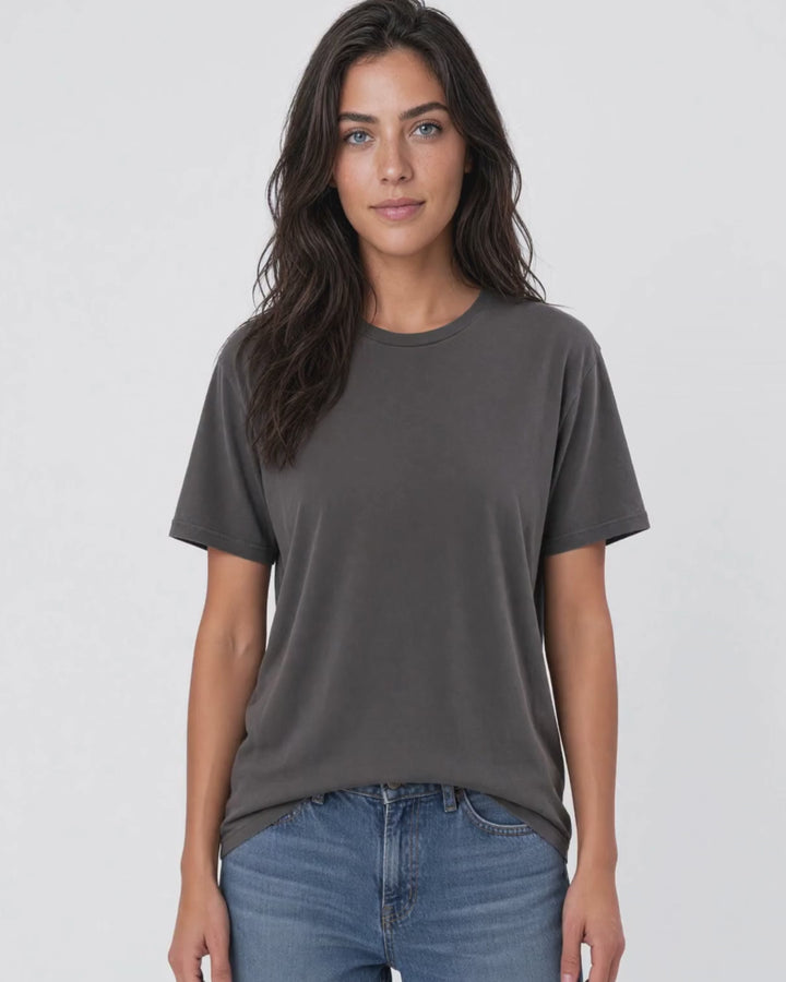 Made in USA The Boyfriend Cotton Washed T-Shirt - Charcoal: video of the charcoal gray pigment dyed tee worn by a female model