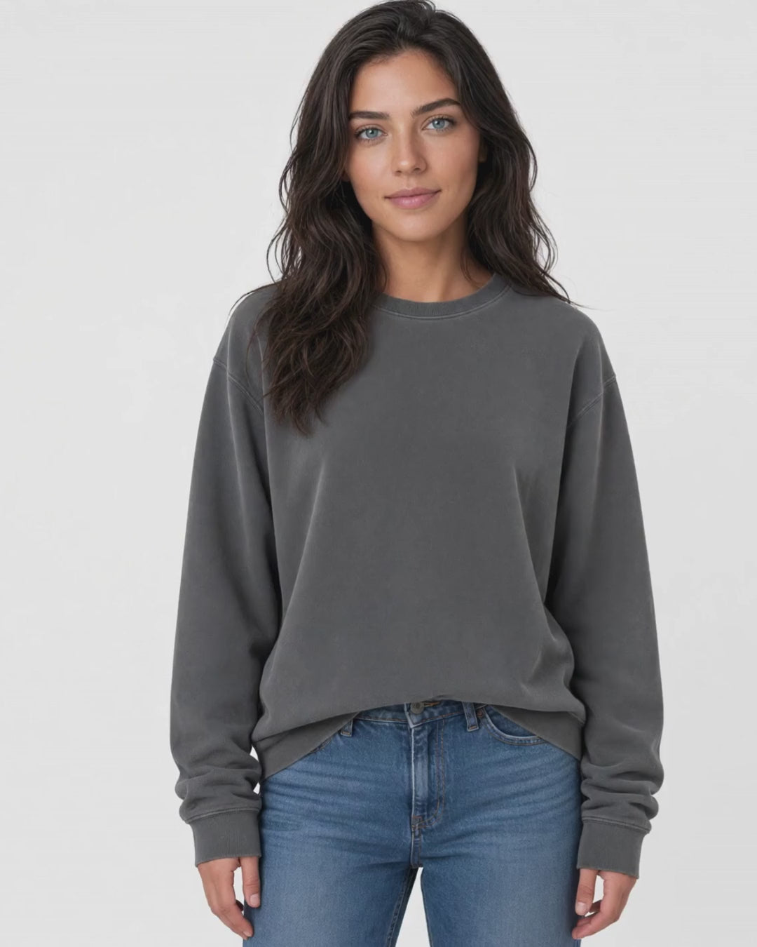 Made in USA The Boyfriend Cotton Washed Sweatshirt - Charcoal: video of the deep charcoal gray pigment dyed sweatshirt worn by a female model
