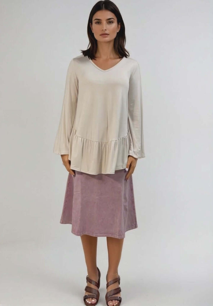 Made in USA Women's Cream Flare Sleeve Tunic with Flounce Ruffle Hem, V-Neck, Lightweight and Flowy, Super Soft, 95% Rayon, 5% Spandex Machine Wash, Tumble Dry Low Style C11316 | Classy Cozy Cool Made in USA Boutique