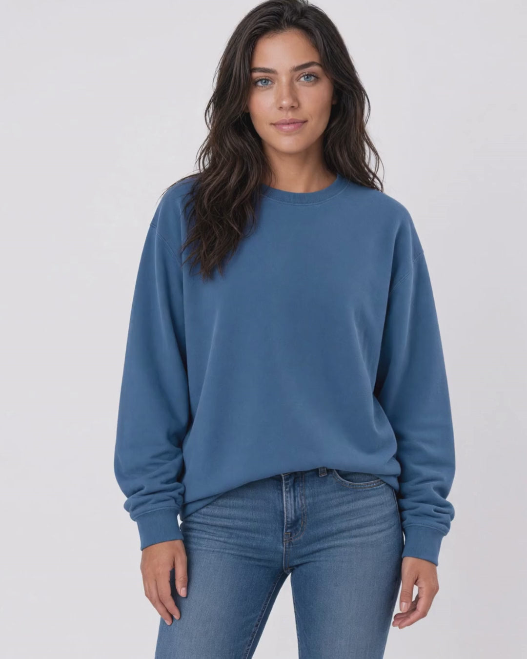 Made in USA The Boyfriend Cotton Washed Sweatshirt - Blue Steel: video of the deep blue pigment dyed sweatshirt worn by a female model