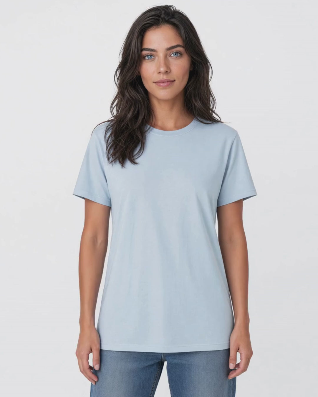 Made in USA The Boyfriend Cotton Washed T-Shirt - Bluestone: video of the light blue pigment dyed tee worn by a female model
