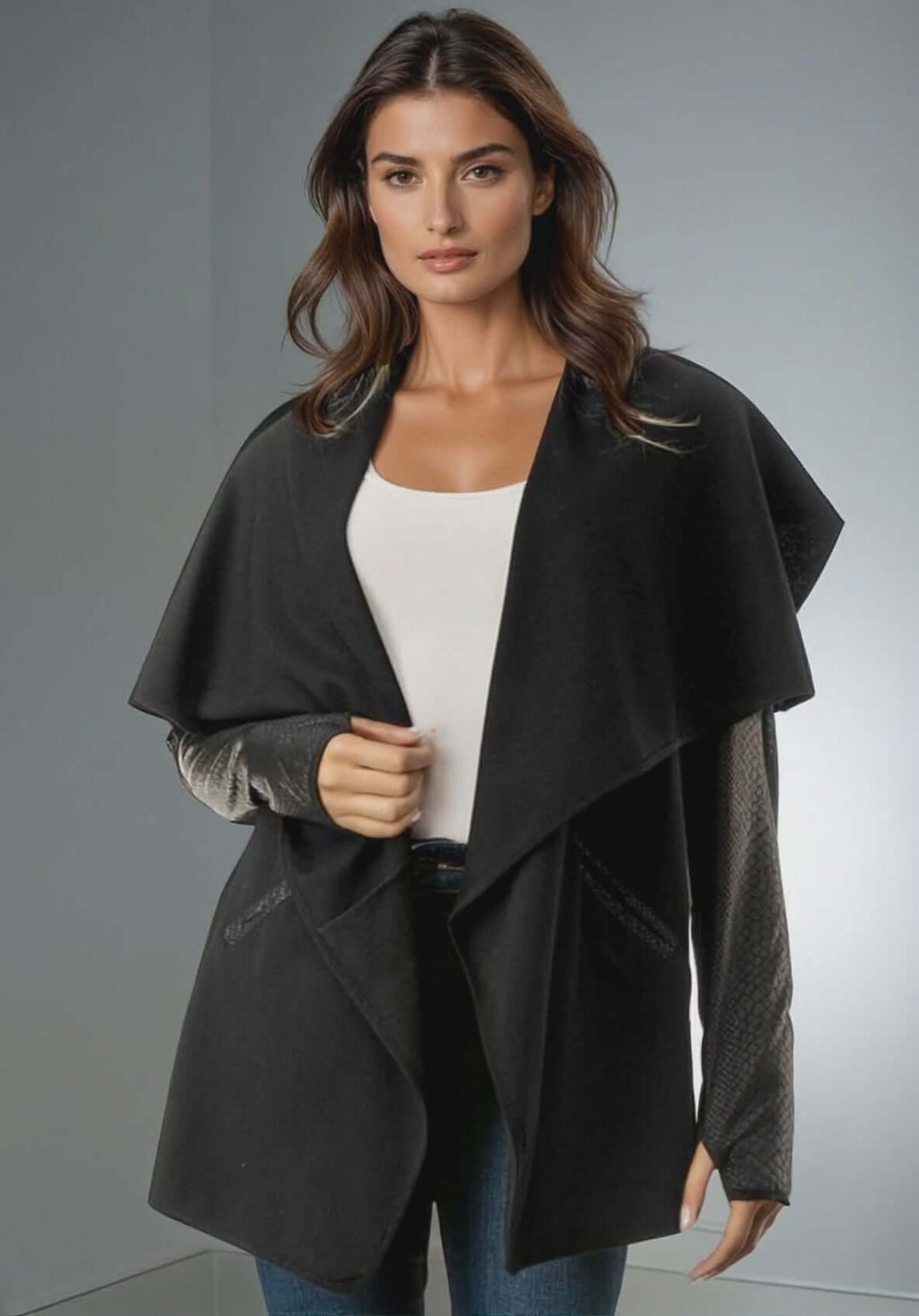 Made in USA Trendy Unique Women's Gray and Black Open Front Jacket with Faux Leather Sleeves, Thumbholes, Snap Lapel Closure and Side Pockets | Classy Cozy Cool Women's Made in America Clothing Boutique