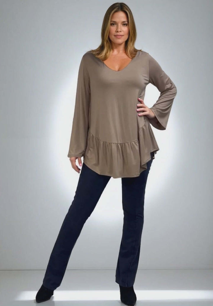 Made in USA Women's Taupe Flare Sleeve Tunic with Flounce Ruffle Hem, V-Neck, Lightweight and Flowy, Super Soft, 95% Rayon, 5% Spandex Machine Wash, Tumble Dry Low Style C11316 | Classy Cozy Cool Made in USA Boutique