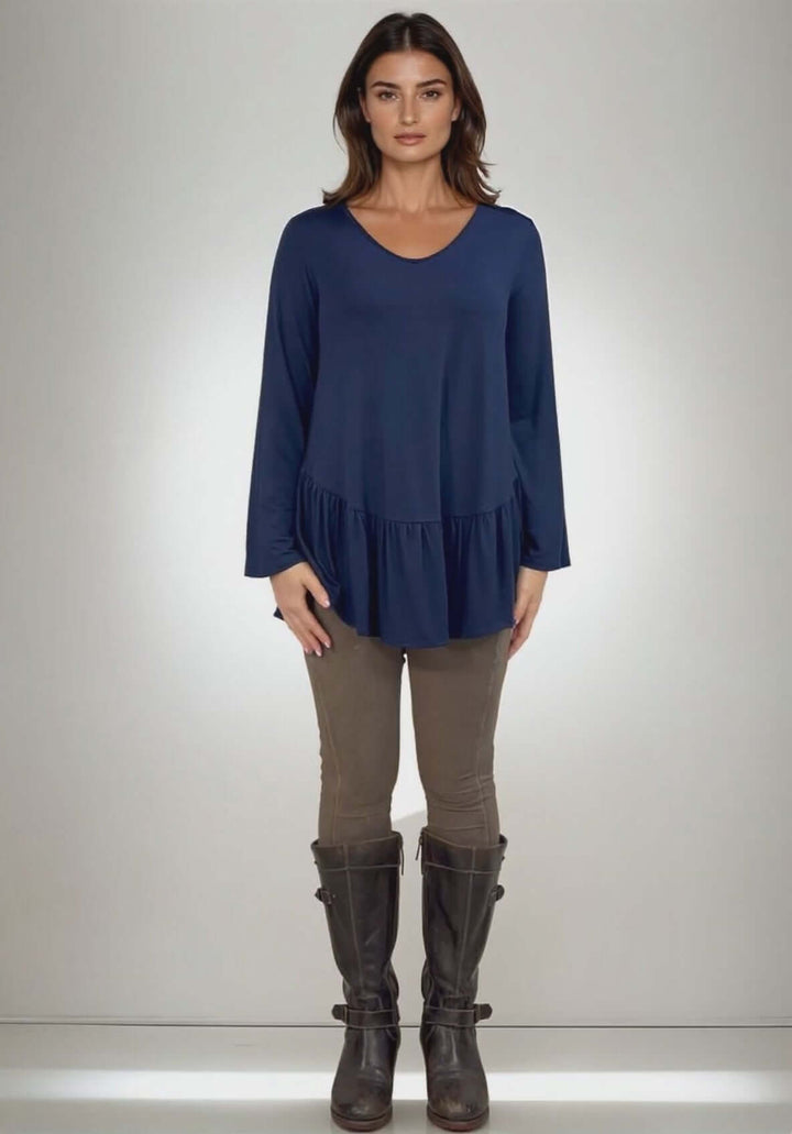 Made in USA Women's Navy Blue Flare Sleeve Tunic with Flounce Ruffle Hem, V-Neck, Lightweight and Flowy, Super Soft, 95% Rayon, 5% Spandex Machine Wash, Tumble Dry Low Style C11316 | Classy Cozy Cool Made in USA Boutique
