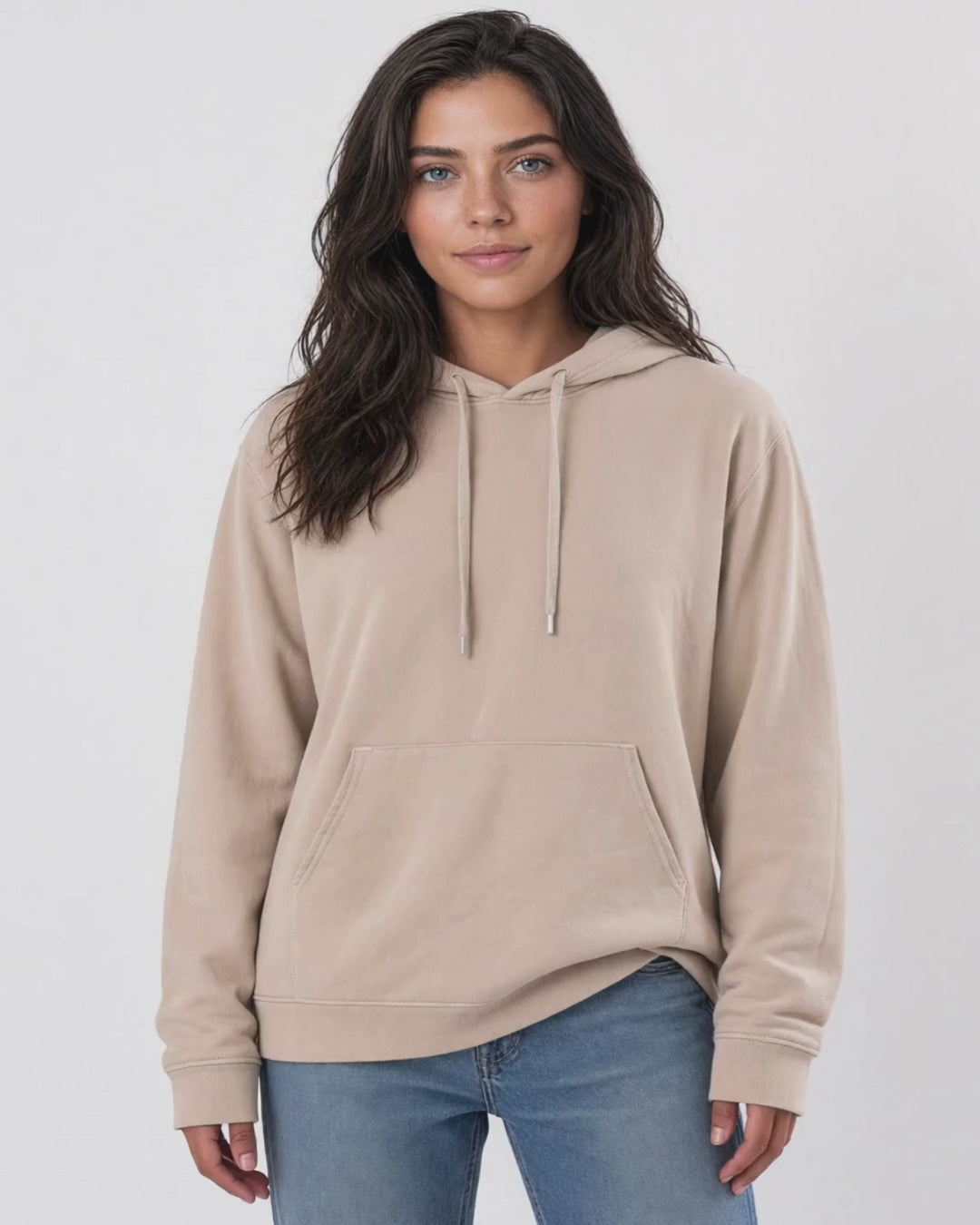 Made in USA The Boyfriend Cotton Washed Hoodie - Khaki: video of the warm sandy taupe pigment dyed hoodie worn by a female model