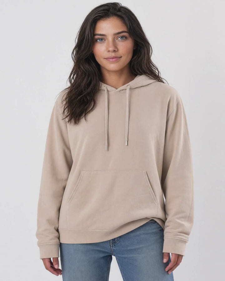 Made in USA The Boyfriend Cotton Washed Hoodie - Khaki: video of the warm sandy taupe pigment dyed hoodie worn by a female model