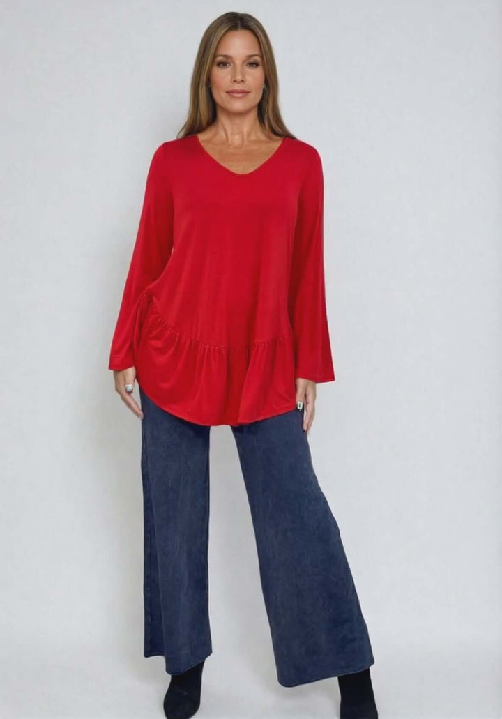 Made in USA Women's Red Flare Sleeve Tunic with Flounce Ruffle Hem, V-Neck, Lightweight and Flowy, Super Soft, 95% Rayon, 5% Spandex Machine Wash, Tumble Dry Low Style C11316 | Classy Cozy Cool Made in USA Boutique
