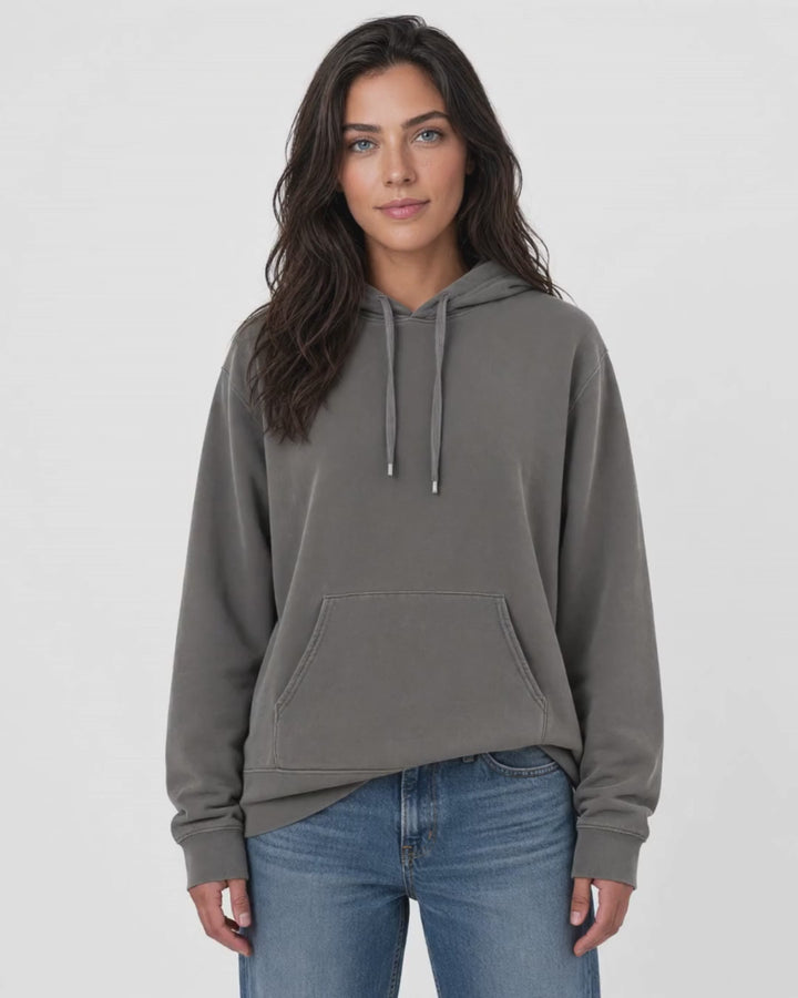 Made in USA The Boyfriend Cotton Washed Hoodie - Charcoal: video of the deep charcoal gray pigment dyed hoodie worn by a female model