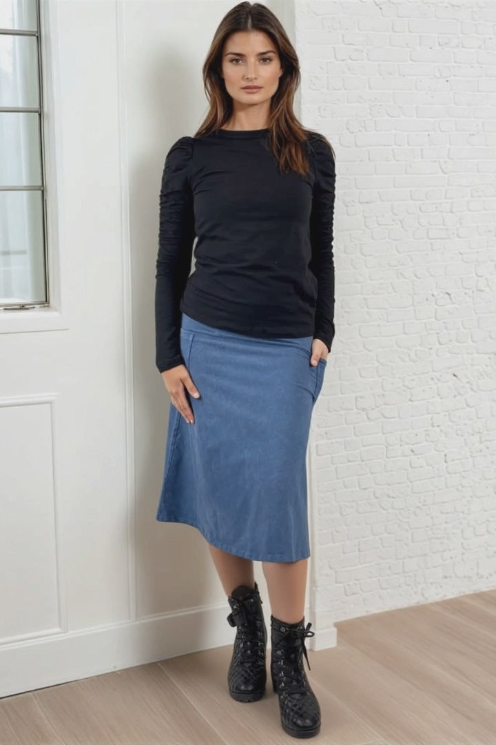 Made in USA Women's All Season Versatile Mineral Washed Cotton Stretch Midi Skirt, Side Patch Pockets, High Waist, Comfortable & Soft 4 Way stretch in Light Denim | Classy Cozy Cool Made in America Boutique