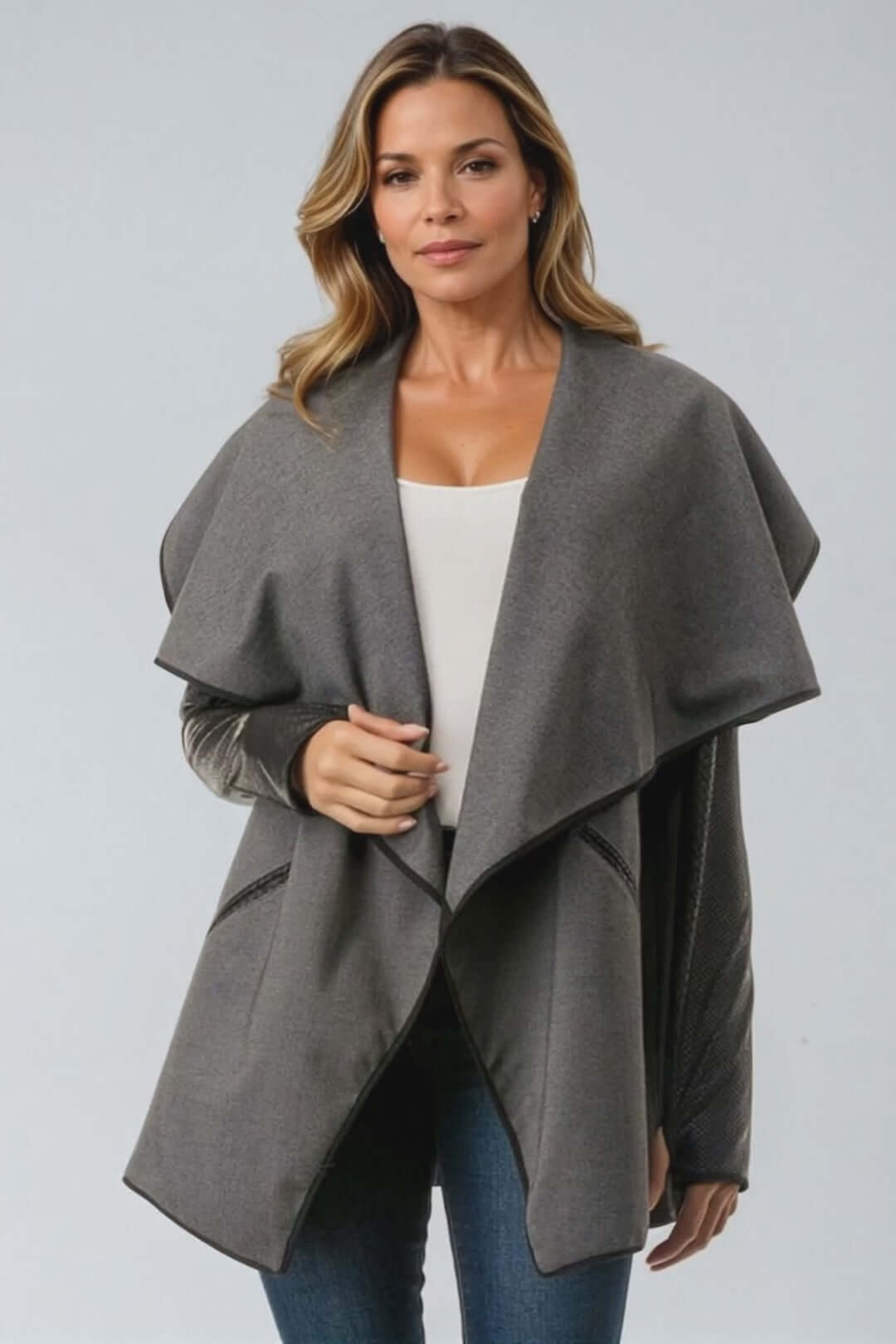 Made in USA Trendy Unique Women's Gray and Black Open Front Jacket with Faux Leather Sleeves, Thumbholes, Snap Lapel Closure and Side Pockets | Classy Cozy Cool Women's Made in America Clothing Boutique