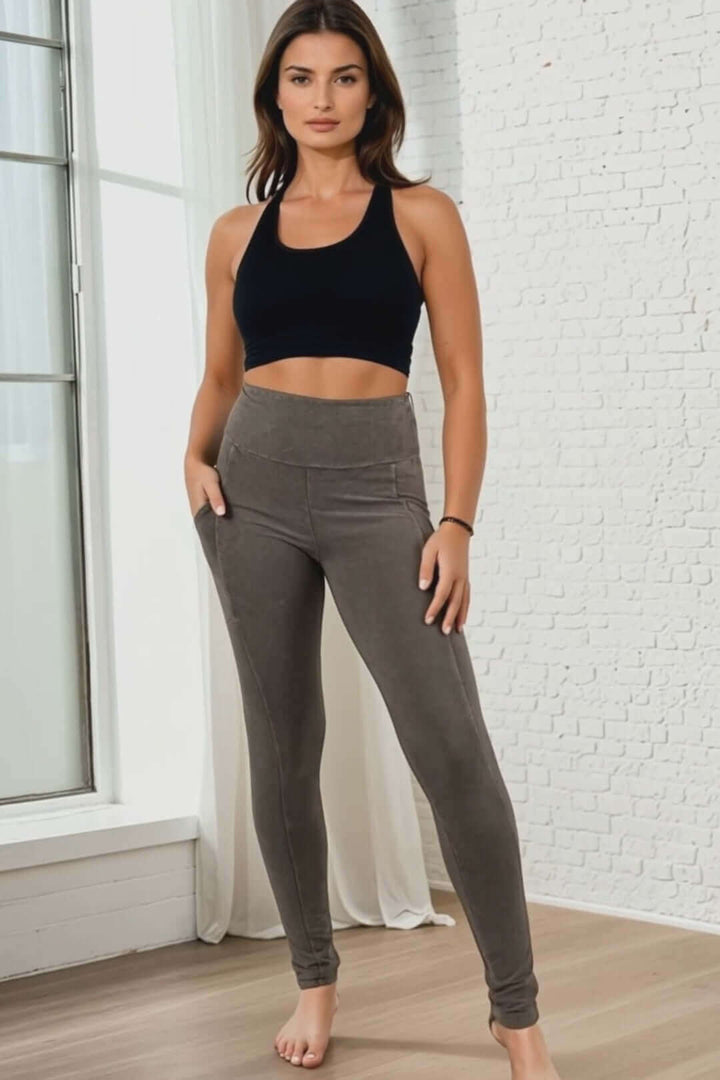 Made in USA Women's Tummy Control Wide Waistband Cotton Spandex Mineral  Washed Solid Leggings with Large Side Pockets in Several Colors | Classy Cozy Cool Made in America Boutique