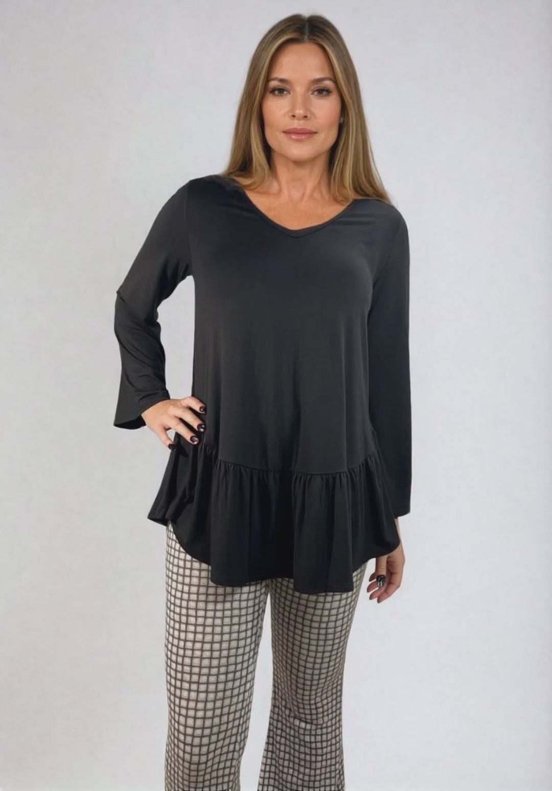 Made in USA Women's Black Flare Sleeve Tunic with Flounce Ruffle Hem, V-Neck, Lightweight and Flowy, Super Soft, 95% Rayon, 5% Spandex Machine Wash, Tumble Dry Low Style C11316 | Classy Cozy Cool Made in USA Boutique