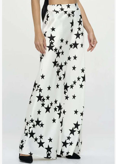 USA Made Ladies White with Black Star Print Wide Leg Pants with Pockets made from Stretch Satin Material | Renee C. Style# 4596PTC | Classy Cozy Cool Women's Made in America Boutique