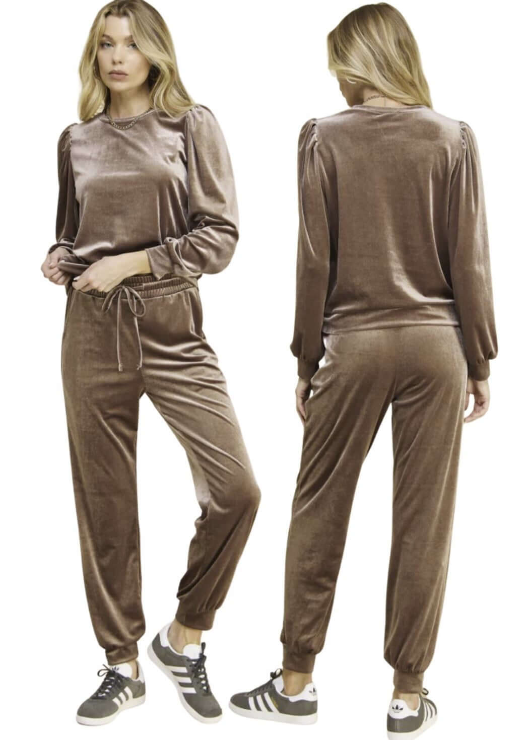 USA Made Women's Glam Velour Relaxed Fit Track Suit with Puff Sleeves in Taupe | Classy Cozy Cool Women's Made in USA Boutique