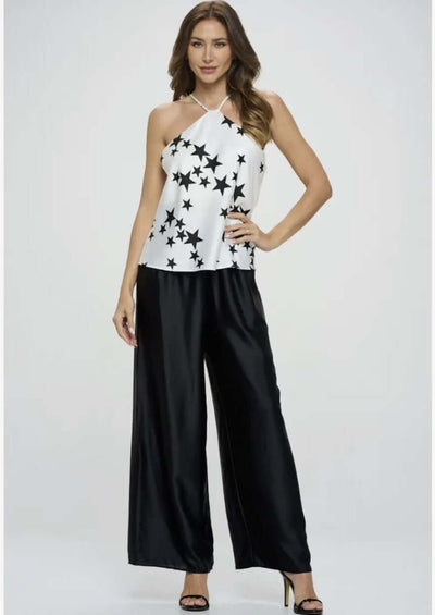 USA Made Missy Black & White Star Print Racerback Style Strappy Tank Top made from Stretch Satin Material | Renee C. Style# 4656TPA | Classy Cozy Cool Women's Made in America Clothing Boutique
