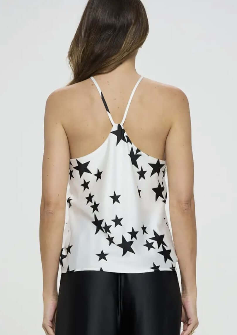 USA Made Missy Black & White Star Print Racerback Style Strappy Tank Top made from Stretch Satin Material | Renee C. Style# 4656TPA | Classy Cozy Cool Women's Made in America Clothing Boutique
