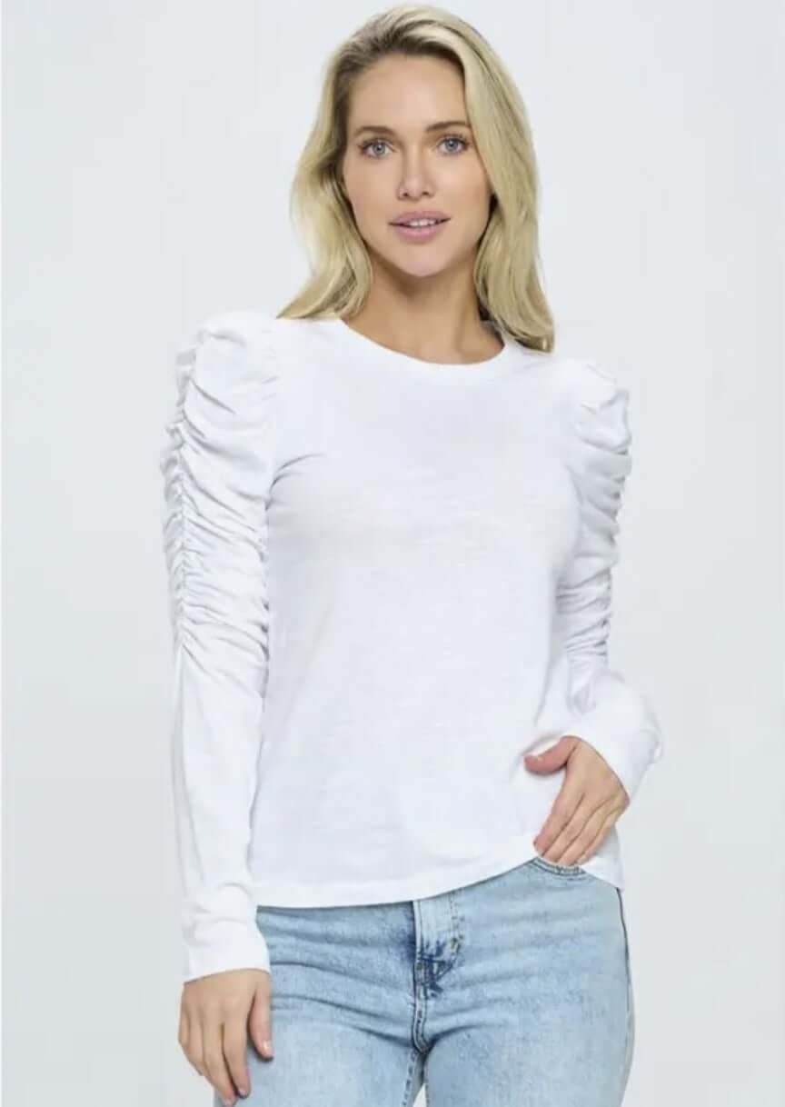 Ladies USA Made Cotton Solid Long Puff Sleeve Fitted Top in White | Renee C Style# 4355TP | Classy Cozy Cool Women's Made in America Clothing Boutique