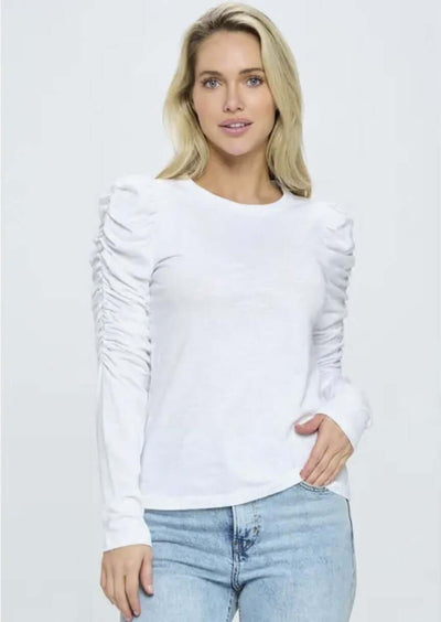 Ladies USA Made Cotton Solid Long Puff Sleeve Fitted Top in White | Renee C Style# 4355TP | Classy Cozy Cool Women's Made in America Clothing Boutique